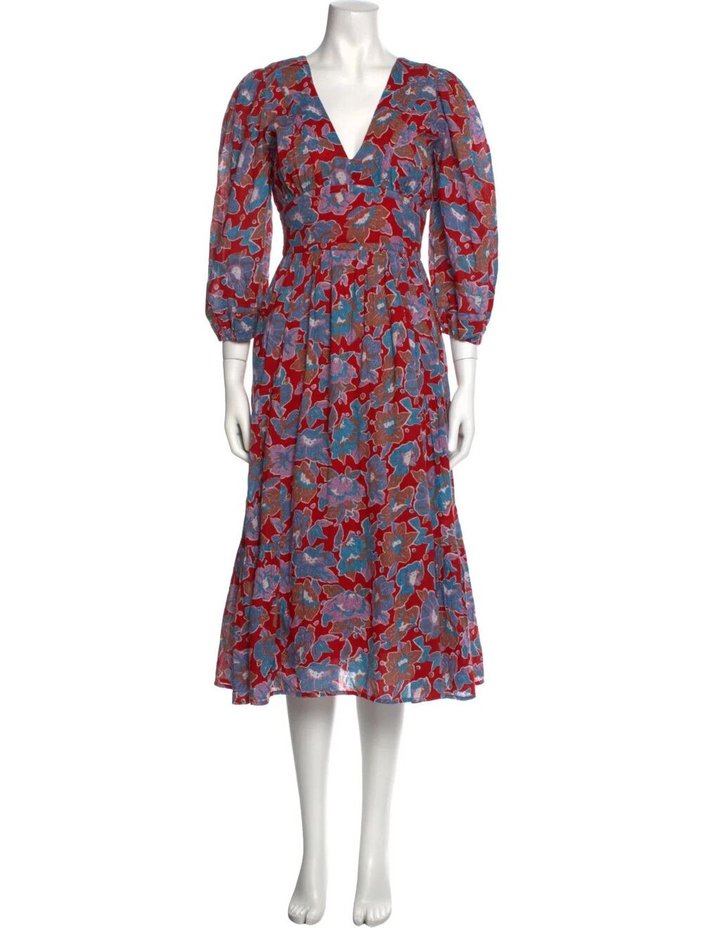Caroline Constas womens Red Frenchie Print V Neck Cotton Midi Dress size Small